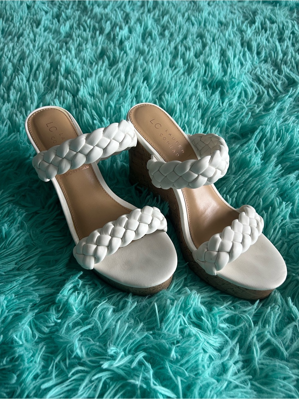 LC Lauren Conrad White Braided Double-Strap Cork Wedge Sandals